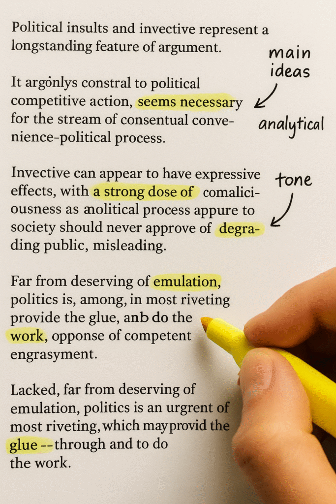 Student highlighting main ideas and tone in a GRE-style reading passage